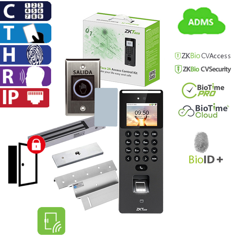 Kit completo de control de acceso SenseFace 2A con chapa electromagnética, un soporte y un botón de salida sin contacto 