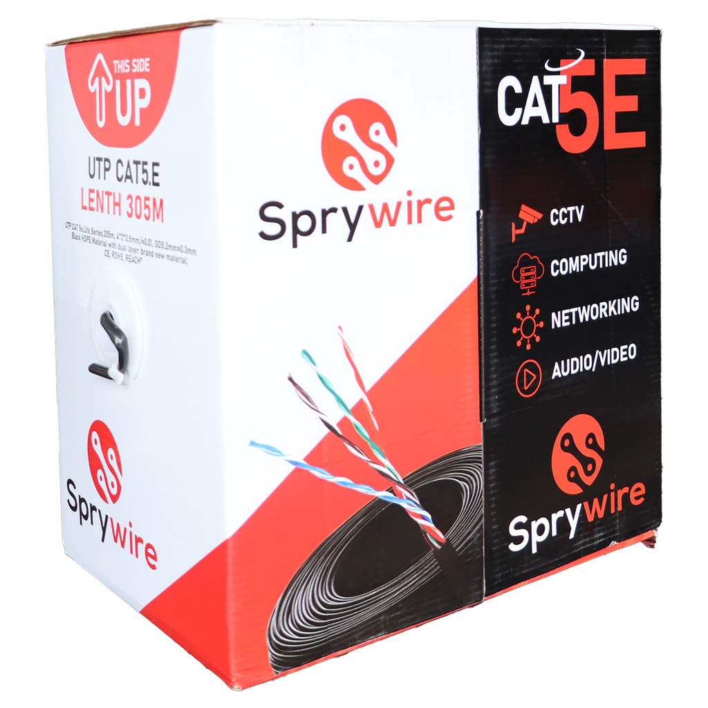 Cable UTP Cat5e CCA  para EXTERIOR  Sprywire bobina de 305 mts. Nuevo.  certificaciones  CE,ROHS,REACH 